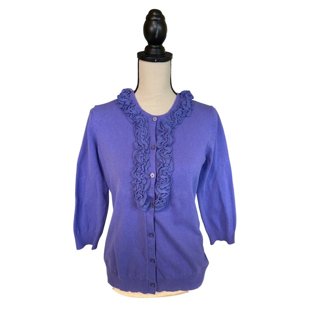 Isaac Mizrahi Womens Cardigan Small Sweater Purple Ruffle 3/4 Sleeve Cottagecore